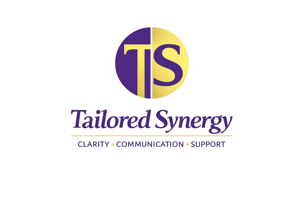 Transparent logo for tailored synergy. A T and an S with the words tailored synergy. Then it says Clarity, communication and support.