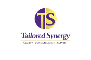 Transparent logo for tailored synergy. A T and an S with the words tailored synergy. Then it says Clarity, communication and support.